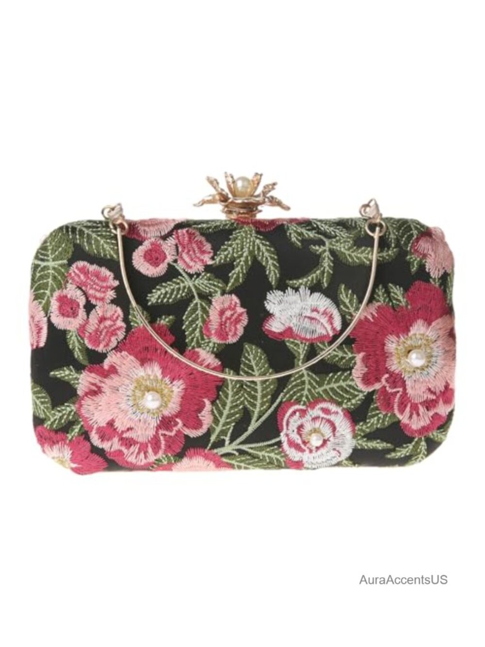 Embroidered Silk Satin Evening Clutch with Chain Strap Floral Wedding Purse